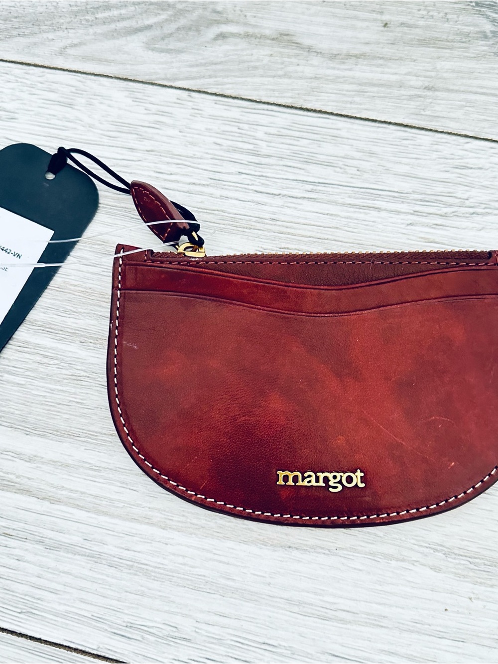 MARGOT NEW YORK Wren zip-around card wallet, genuine mahogany leather, new wit